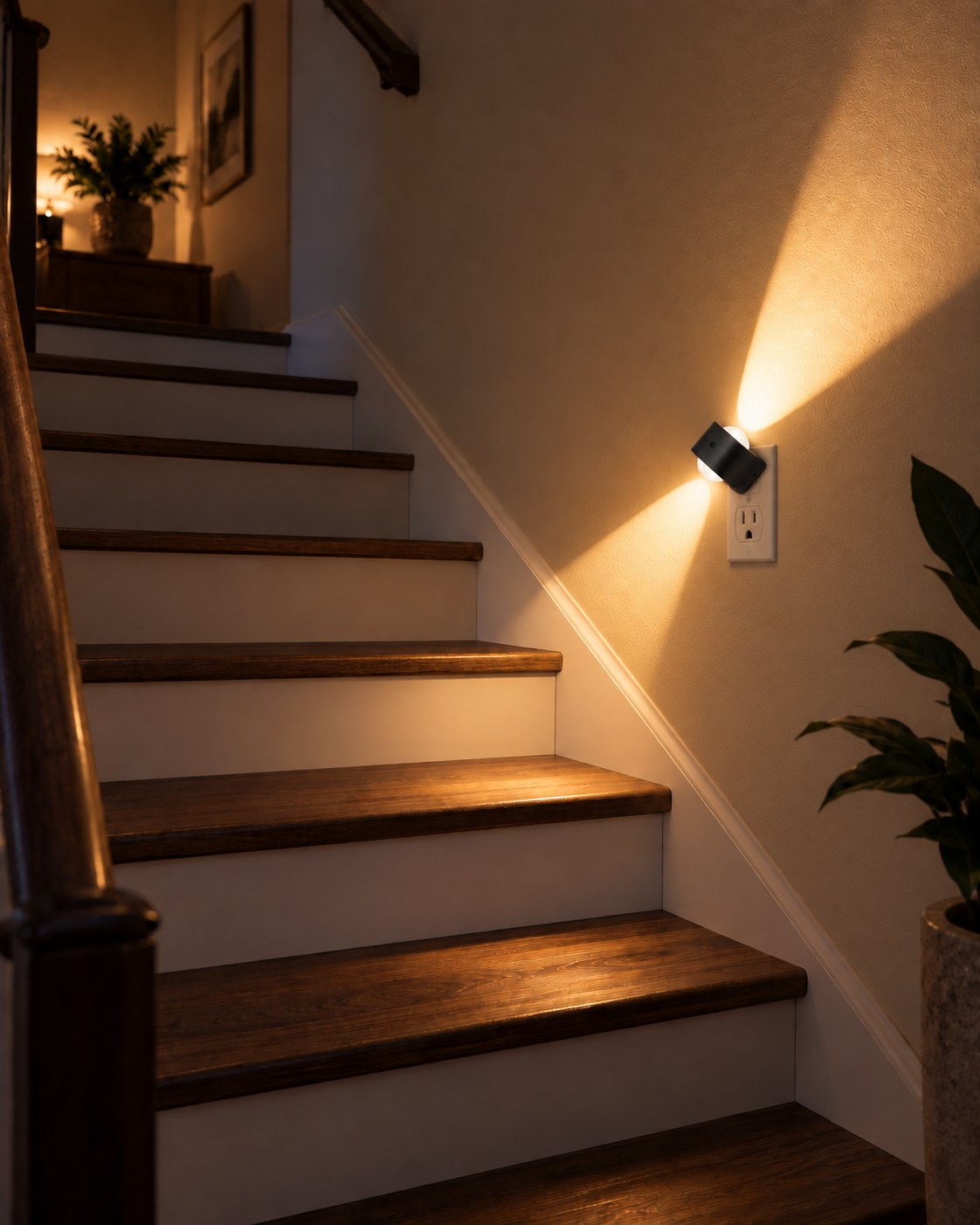 Steckleuchte an der Treppenwand wirft schräges Licht auf die Holzstufen und sorgt für sichere Orientierung 7