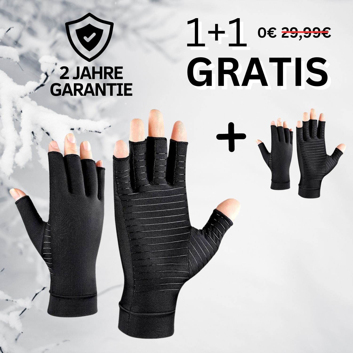 Schwarze Arthrosehandschuhe, fingerlos, Kompression, 1+1 gratis Angebot, Winterhintergrund.