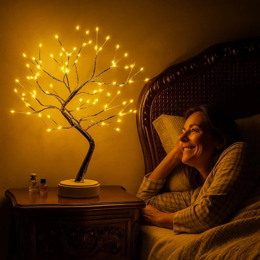 Leuchtender Lichterbaum auf einem Holz-Nachttisch, daneben eine lächelnde Frau im Bett, die ihn betrachtet 1