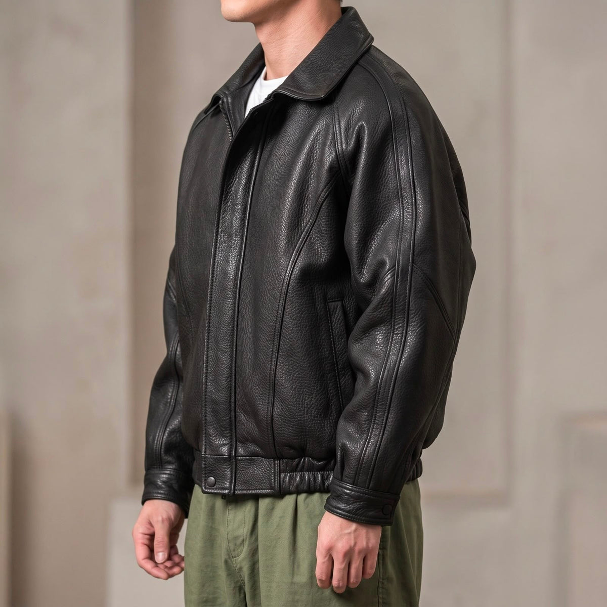 Schwarze Kunstlederjacke, detail mit genarbter Oberfläche, Ziernähten und elastischem Bund