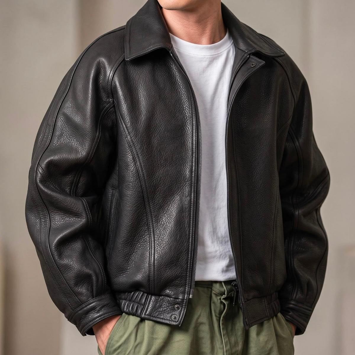 Schwarze Kunstlederjacke mit Reißverschluss und strukturiertem Kragen, vorne am Model getragen