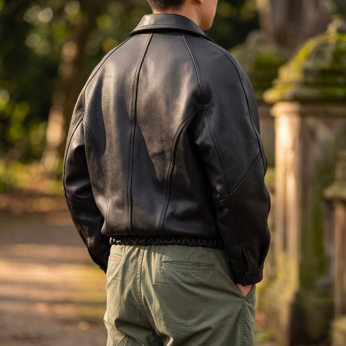 Schwarze Kunstlederjacke, Rückansicht mit Nähten über Rücken und Schultern