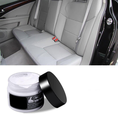 Graue Ledersitze Auto mit Lederpflegecreme, schwarzer Deckel, Innenraumreinigung.