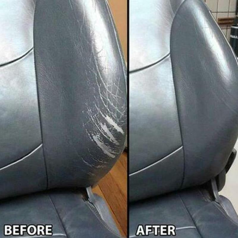 Autositze Lederreparatur vorher-nachher, graues Vinyl, Kratzerentfernung, Restaurierung.