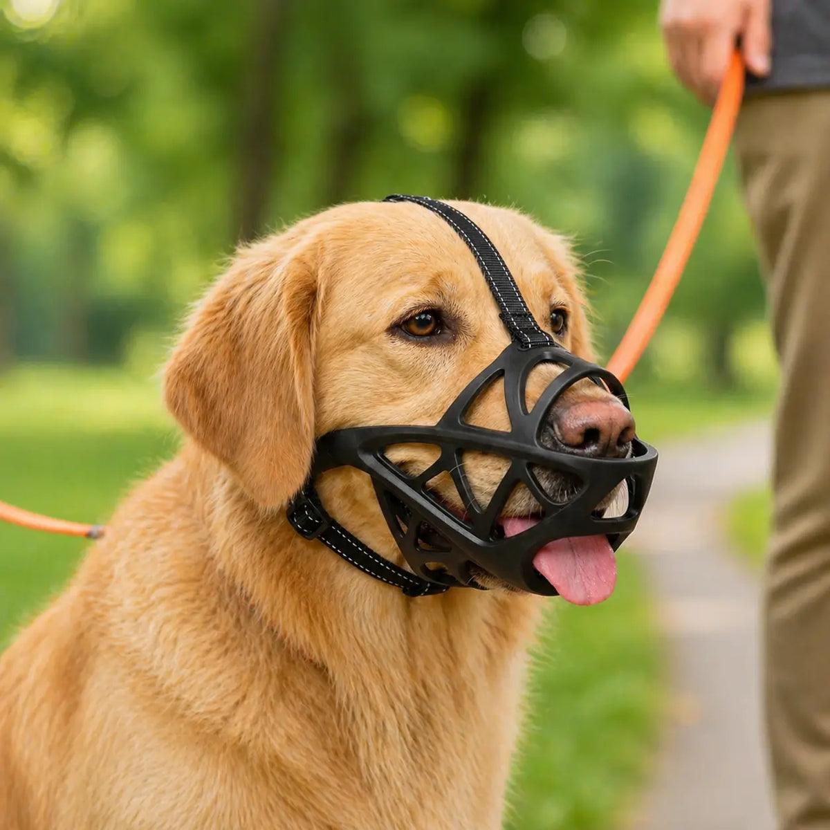 Golden Retriever mit schwarzem Hundemaulkorb im Park