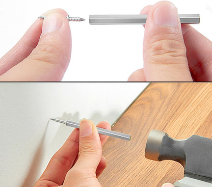 Doppelseitige Nägel mit Hülsenwerkzeug bei der Montage neben einer Holzleiste.