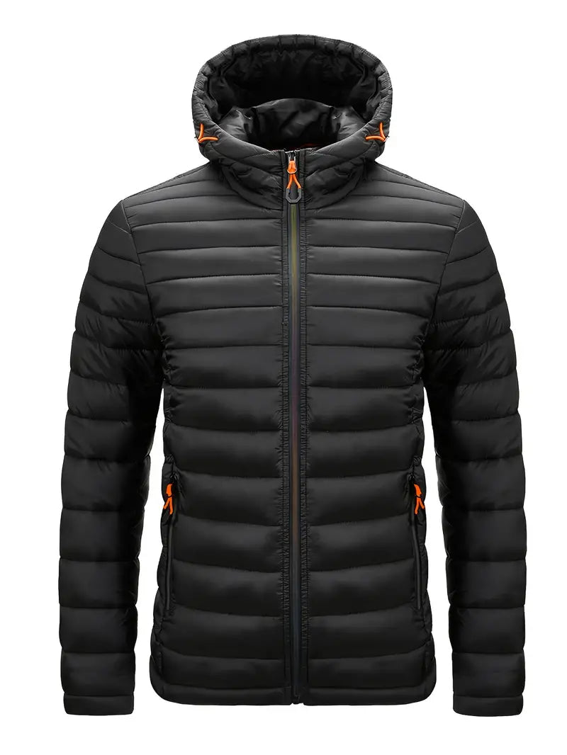 Schwarze Steppjacke mit Kapuze, Reißverschluss, orange Details, Herrenmode, Winterjacke.