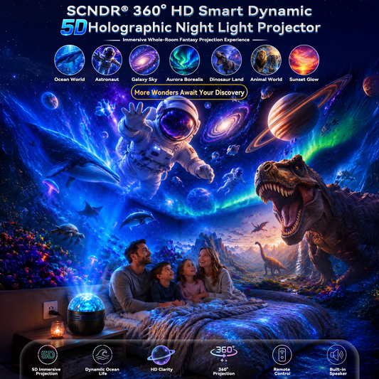 Familie liegt im Bett, während der Projektor Astronaut, Wal, Dinosaurier und Polarlichter an Wand und Decke wirft, dazu sieben Themenwelten als Bildleiste. 1