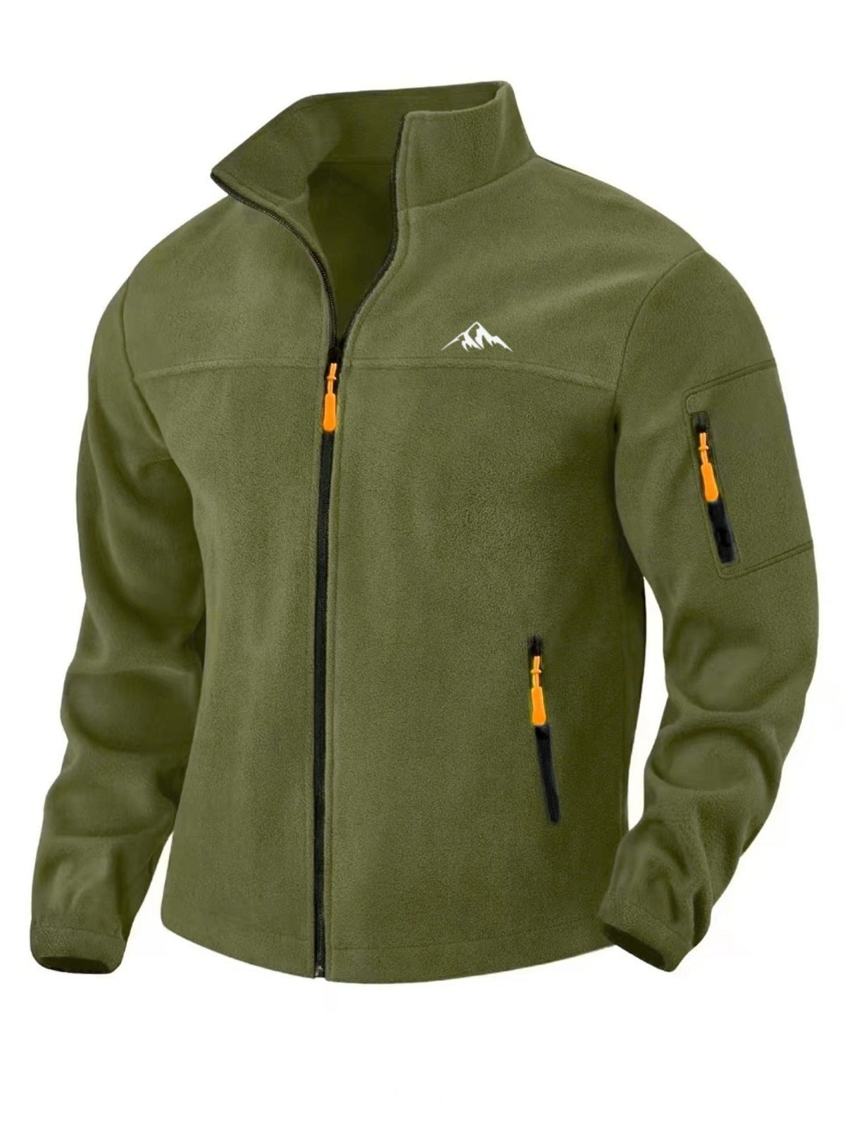 Olivgrüne Fleecejacke in Vorderansicht mit Stehkragen, orangefarbenen Reißverschlusszügen und kleinem Bergmotiv auf der 5
