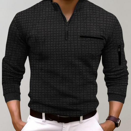 Schwarzes Herren-Poloshirt mit Reißverschluss, Langarm, kariertes Muster, modisch.