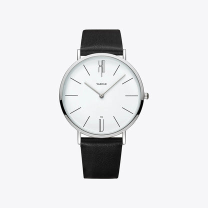 Schwarze Lederarmbanduhr mit weißem Zifferblatt, minimalistisches Design, Herrenuhr.