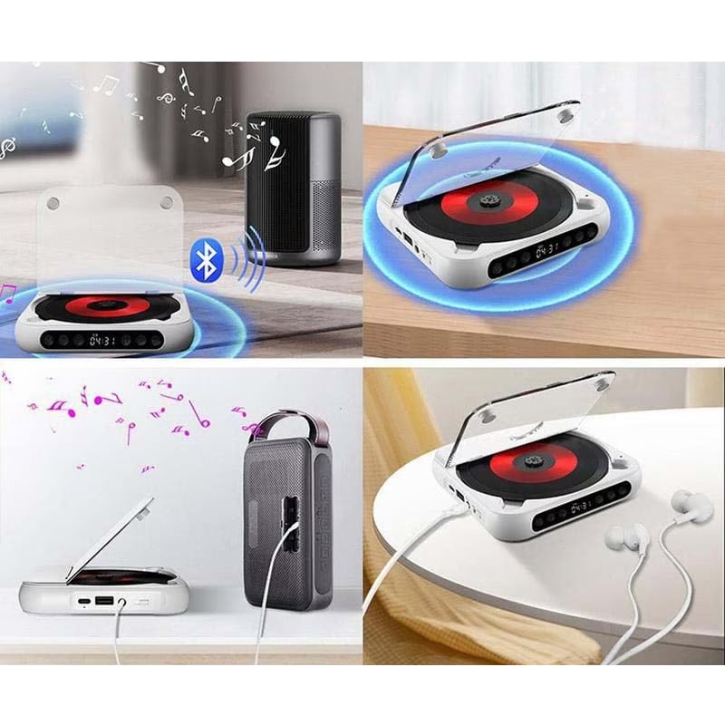 Collage aus vier Szenen: Player koppelt per Bluetooth mit Lautsprechern, Kabelverbindung zum Lautsprecher und Nutzung mit In-Ear-Kopfhörern. 2