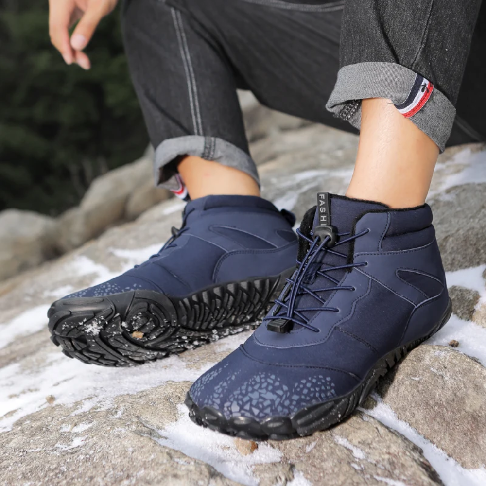 Marineblaue Barfuß-Snowboots, rutschfeste Sohle, Outdoor-Winterstiefel, Herrenmode.
