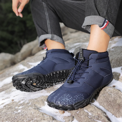 Marineblaue Barfuß-Snowboots, rutschfeste Sohle, Outdoor-Winterstiefel, Herrenmode.