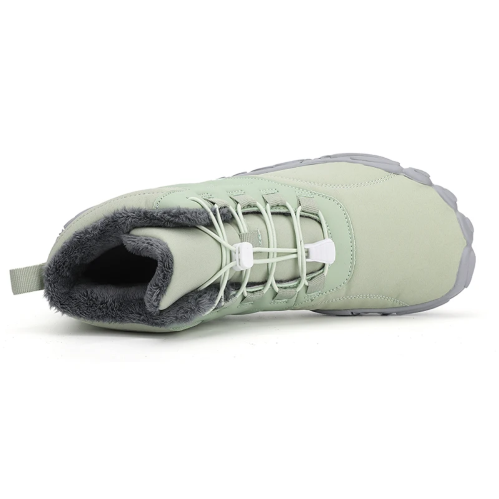Grüne Barfuß-Schneestiefel, wasserdicht, mit Fellfutter, rutschfeste Sohle, Winterstiefel.