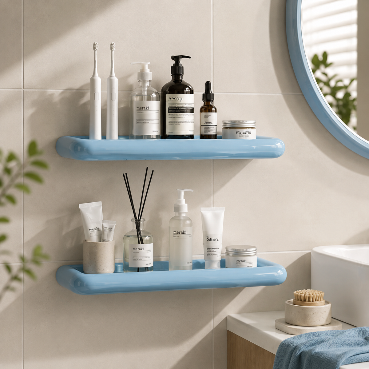 Zwei hellblaue Regale an der Wand, passend zum blauen Spiegelrahmen, mit Zahnbürsten, Cremes und Duftstäbchen 3