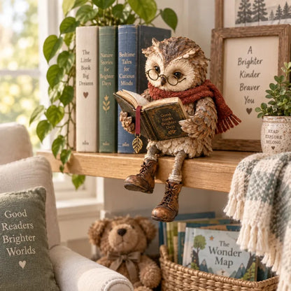 Eulenfigur sitzt auf einem Holzregal im Kinderlesebereich, mit Büchern, Teddybär, Korb voller Bilderbücher und Wolldecke. 9