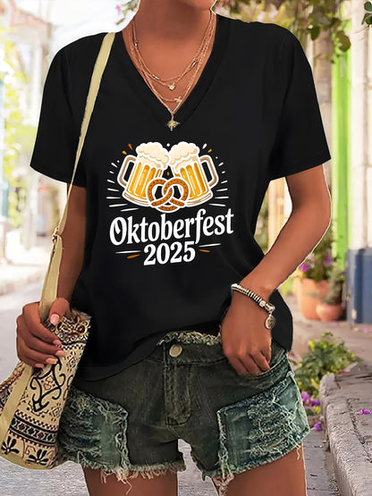 Damen Plus Size V-Ausschnitt T-Shirt mit Grafikprint – Anneliese Oktoberfest 2026