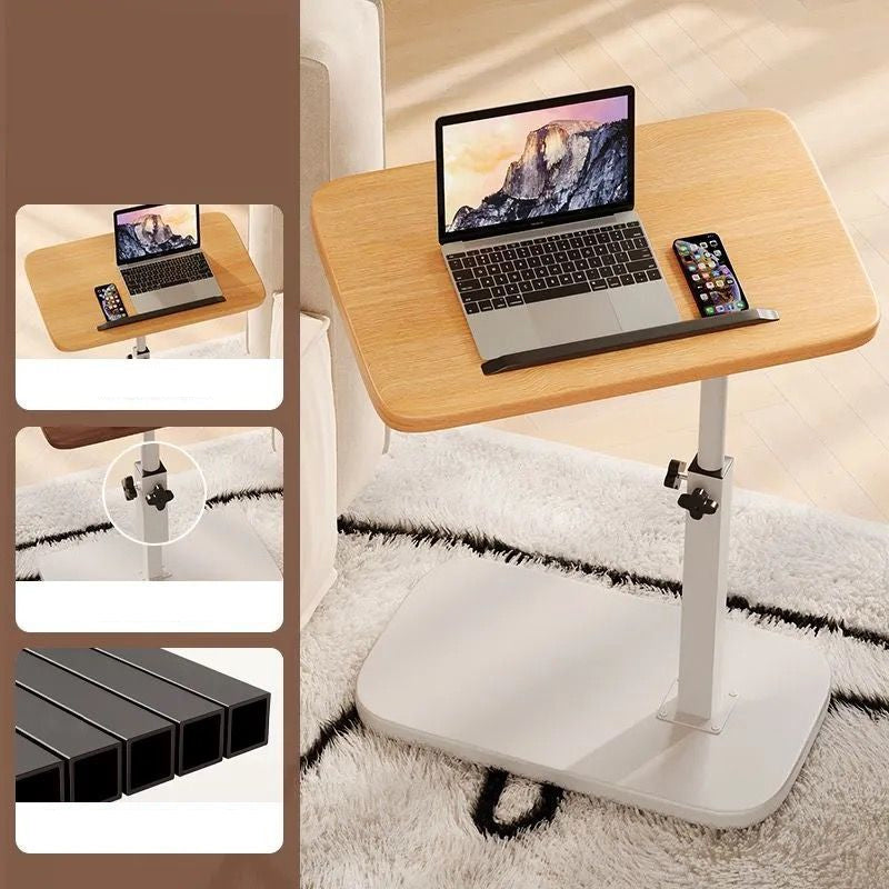 Höhenverstellbarer rollender Laptopschreibtisch mit weißem Gestell und heller Tischplatte, Detailansicht