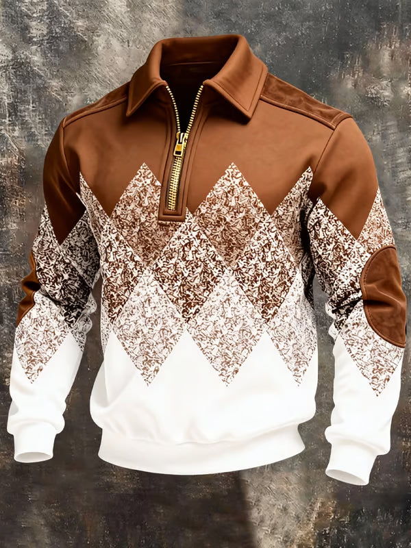 Pullover in Braun und Weiß mit gemustertem Rautenbereich, goldenem Reißverschluss und braunen Ellbogenflicken, Vorderansicht 2