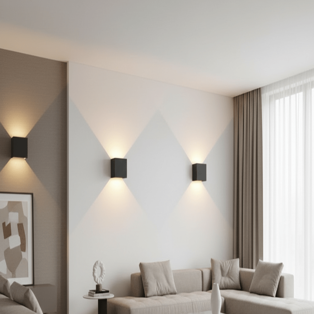 Drei schwarze, würfelförmige Wandlampen strahlen Licht nach oben und unten und zeichnen helle Dreiecke auf eine Wand im Wohnzimmer. 1
