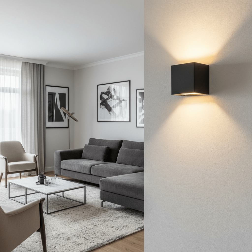 Schwarze Würfel-Wandlampe in Nahaufnahme an einer hellen Wand, im Hintergrund ein Wohnzimmer mit grauem Sofa und gerahmten Bildern. 2