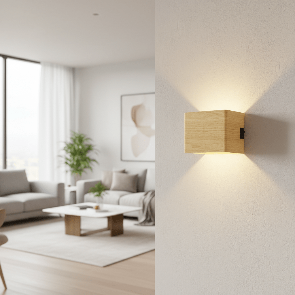 Wandlampe in heller Holzoptik mit kleinem schwarzem Schalter an der Seite, warmes Licht nach oben und unten, Wohnzimmer im Hintergrund. 4