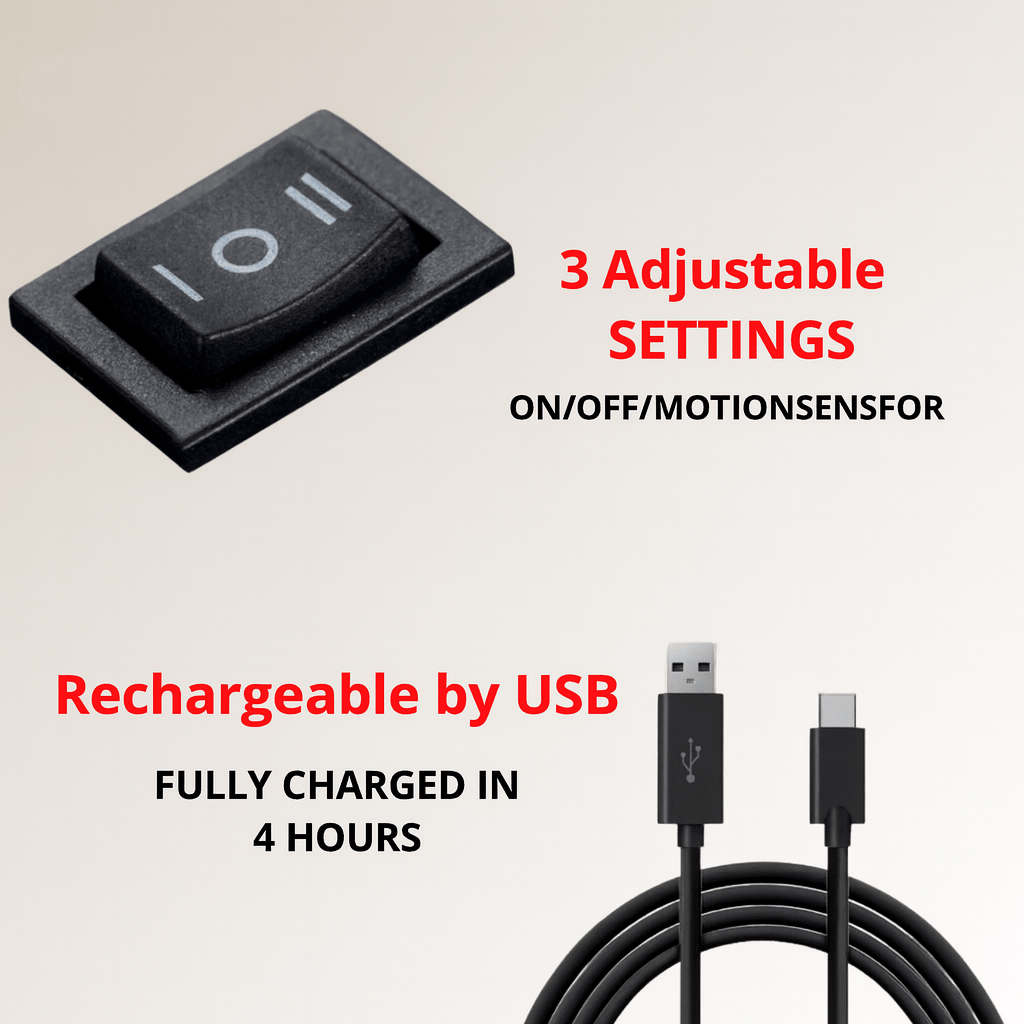 Dreistufiger Wippschalter für Ein, Aus und Bewegungssensor sowie schwarzes USB-Ladekabel zum Aufladen der Lampe. 6