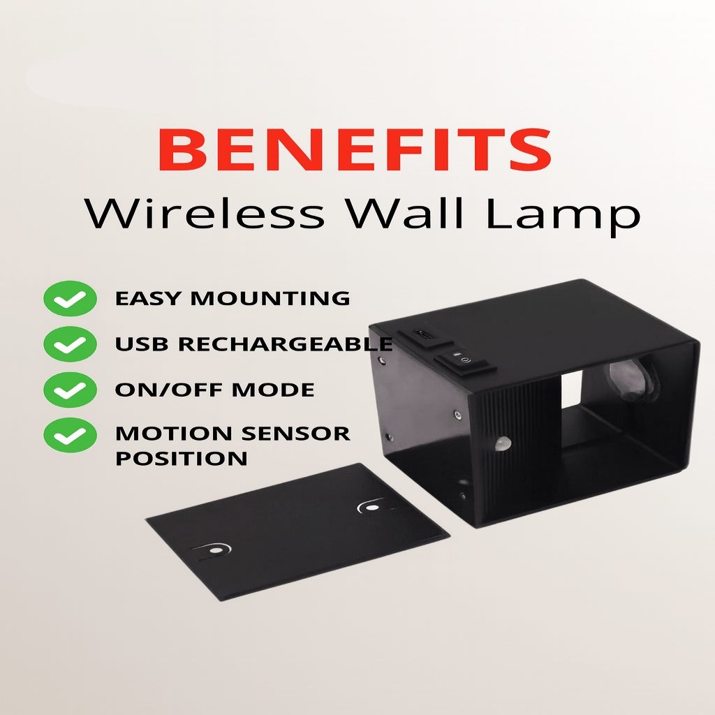 Schwarze Wandlampe mit separater Montageplatte, daneben eine Liste der Vorteile: einfache Montage, USB-Akku, Ein/Aus-Modus, Bewegungssensor. 7