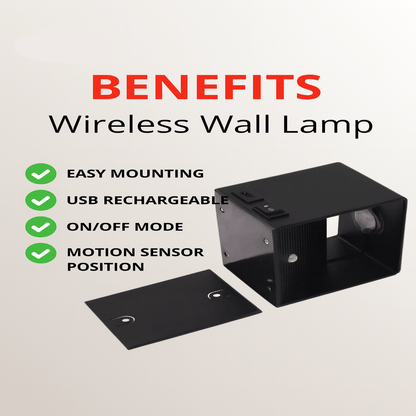 Schwarze Wandlampe mit separater Montageplatte, daneben eine Liste der Vorteile: einfache Montage, USB-Akku, Ein/Aus-Modus, Bewegungssensor. 7