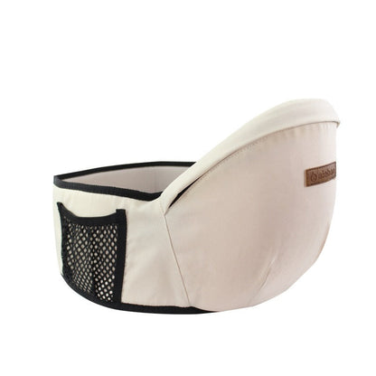 Beige Babytrage aus Baumwolle mit Netzseitentasche, ergonomisch, für Kleinkinder.