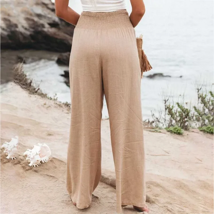 Damen Leinenhose beige, Strand, Sommermode, weites Bein, lässig, bequem, stilvoll