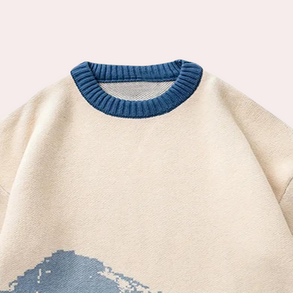 Beige Pullover mit blauem Rundhalsausschnitt, Baumwolle, lässig, modisch, Damenmode.