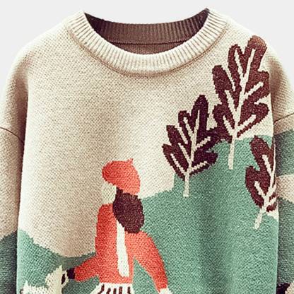 Beiger Strickpullover mit rotem und grünem Landschaftsmuster, Baumwolle, Damenmode.