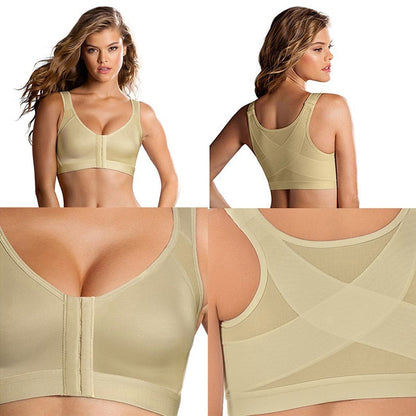 Beiger Sport-BH für Damen, nahtlos, mit V-Ausschnitt und Rückenstütze.
