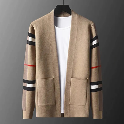 Beige Strickjacke mit Streifenmuster, Herrenmode, Baumwolle, lässig, stilvoll, Herbstbekleidung