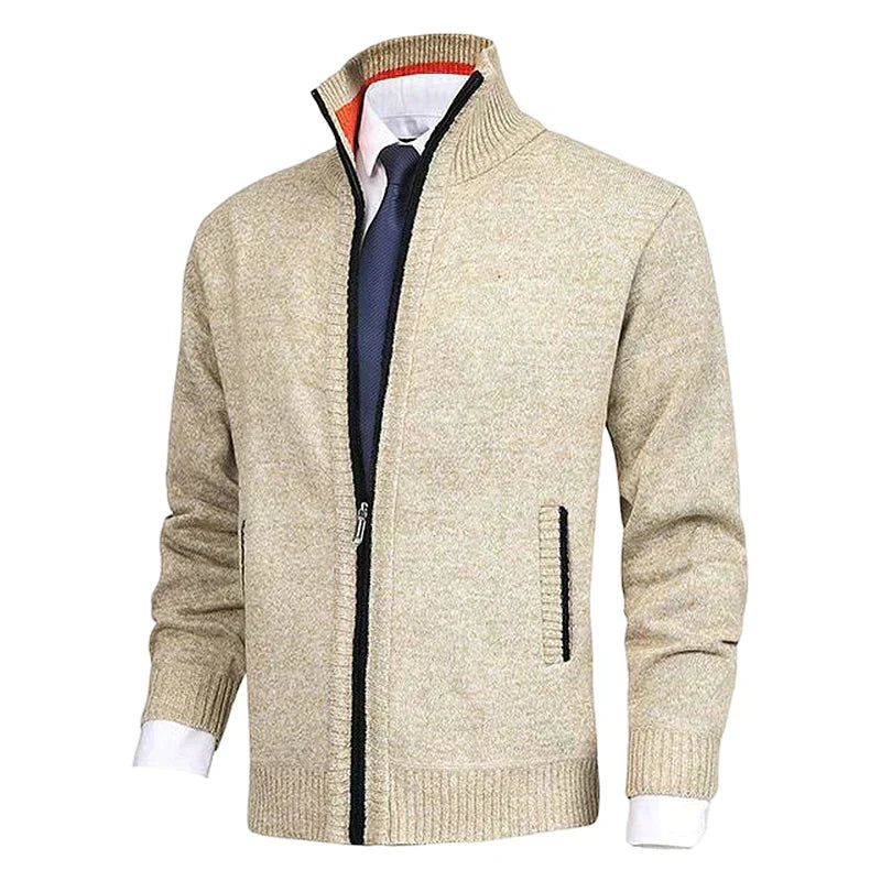 Beige Herren-Strickjacke mit Reißverschluss, elegantes Design, ideal für Business-Mode.