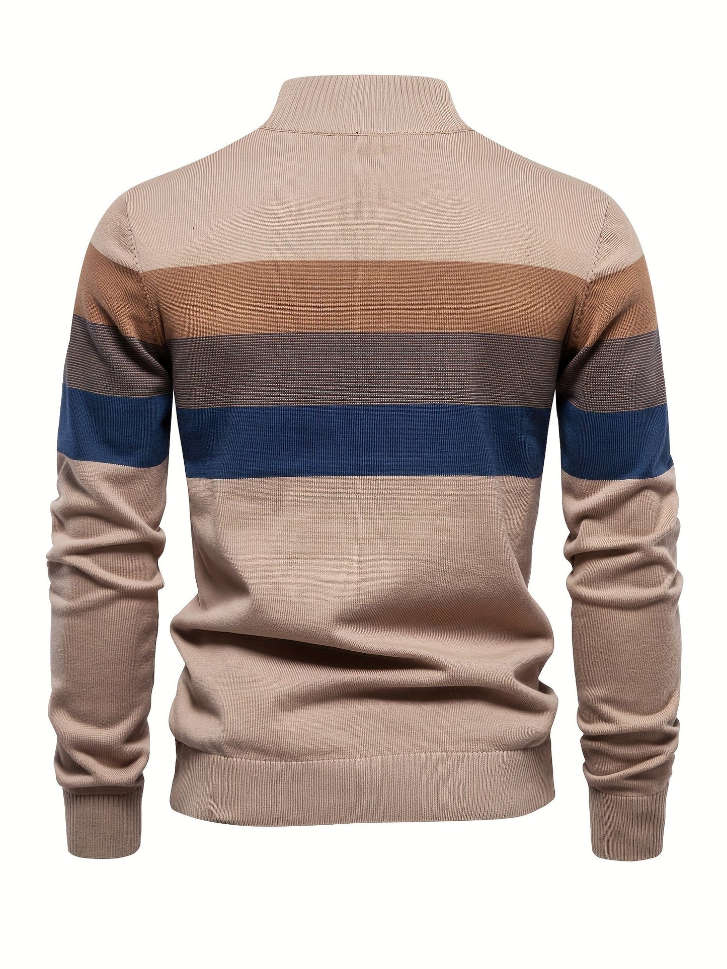 Beiger Herrenpullover mit Streifenmuster, Langarm, Baumwolle, modisch, bequem.