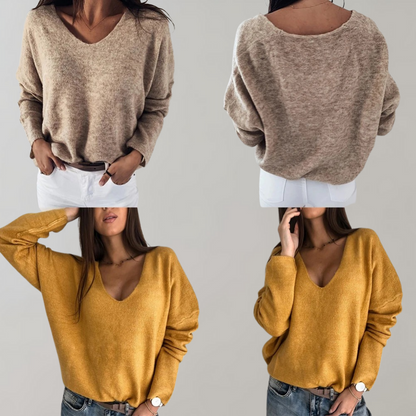 Damenpullover beige und gelb, V-Ausschnitt, langärmelig, lässig, weiches Material.