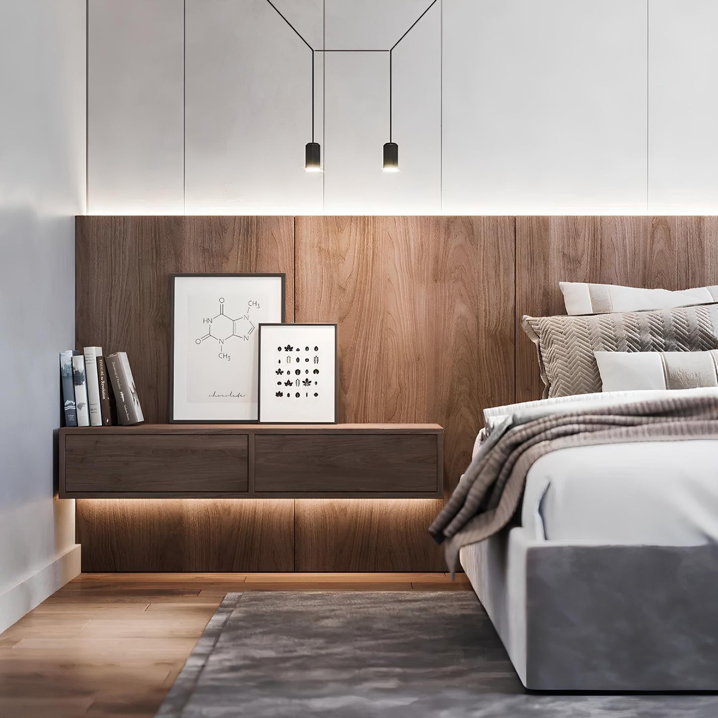 Moderne Schlafzimmermöbel, Holz-Nachttisch, minimalistische Dekoration, gemütliches Ambiente.