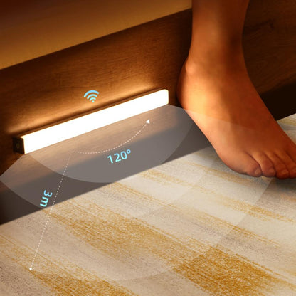 LED-Nachtlicht mit Bewegungssensor, warmweiß, batteriebetrieben, für Schlafzimmerbeleuchtung.