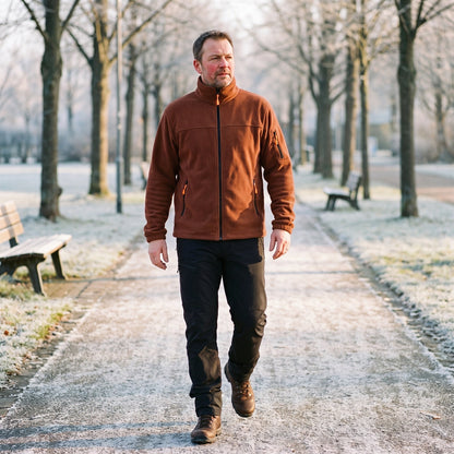 Mann in rotbrauner Fleecejacke und dunkler Hose beim Spaziergang auf einem frostigen Parkweg 2