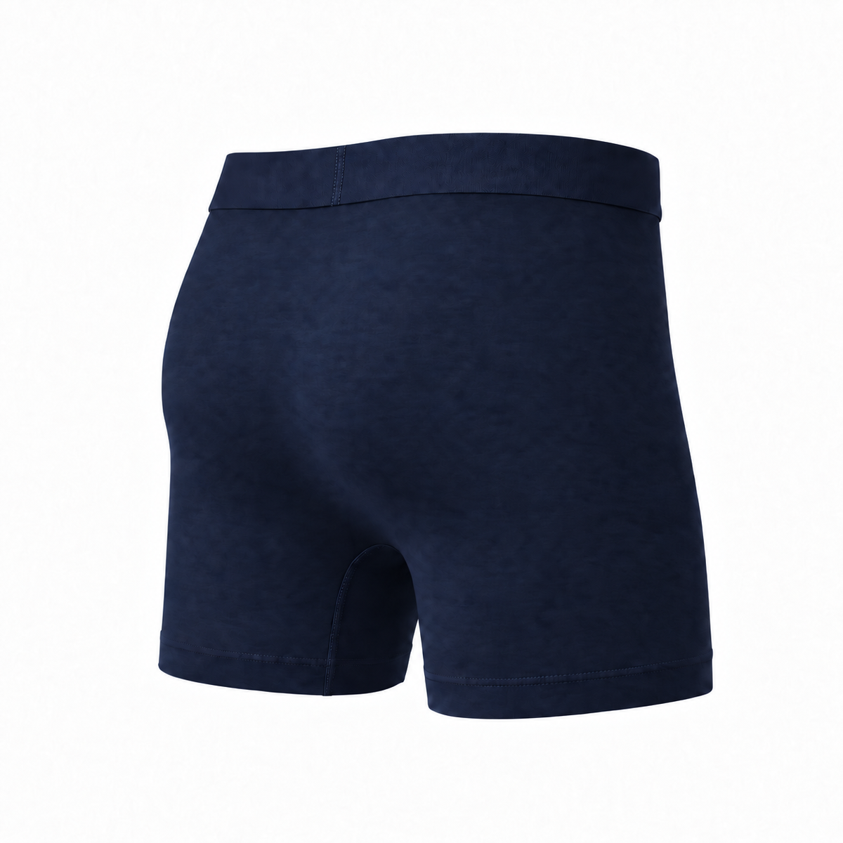 Marineblaue Boxerbriefs von hinten schräg mit glatter Rückseite, Bund und sauber gesäumtem Beinabschluss.