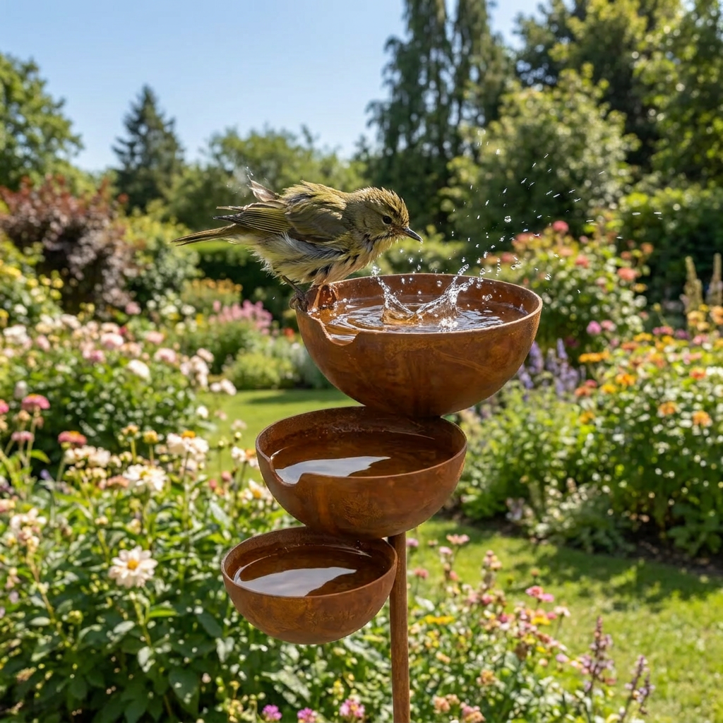 Ein Vogel plantscht in der obersten Schale des rostigen Vogelbads, Wasser spritzt, blühender Garten dahinter 1