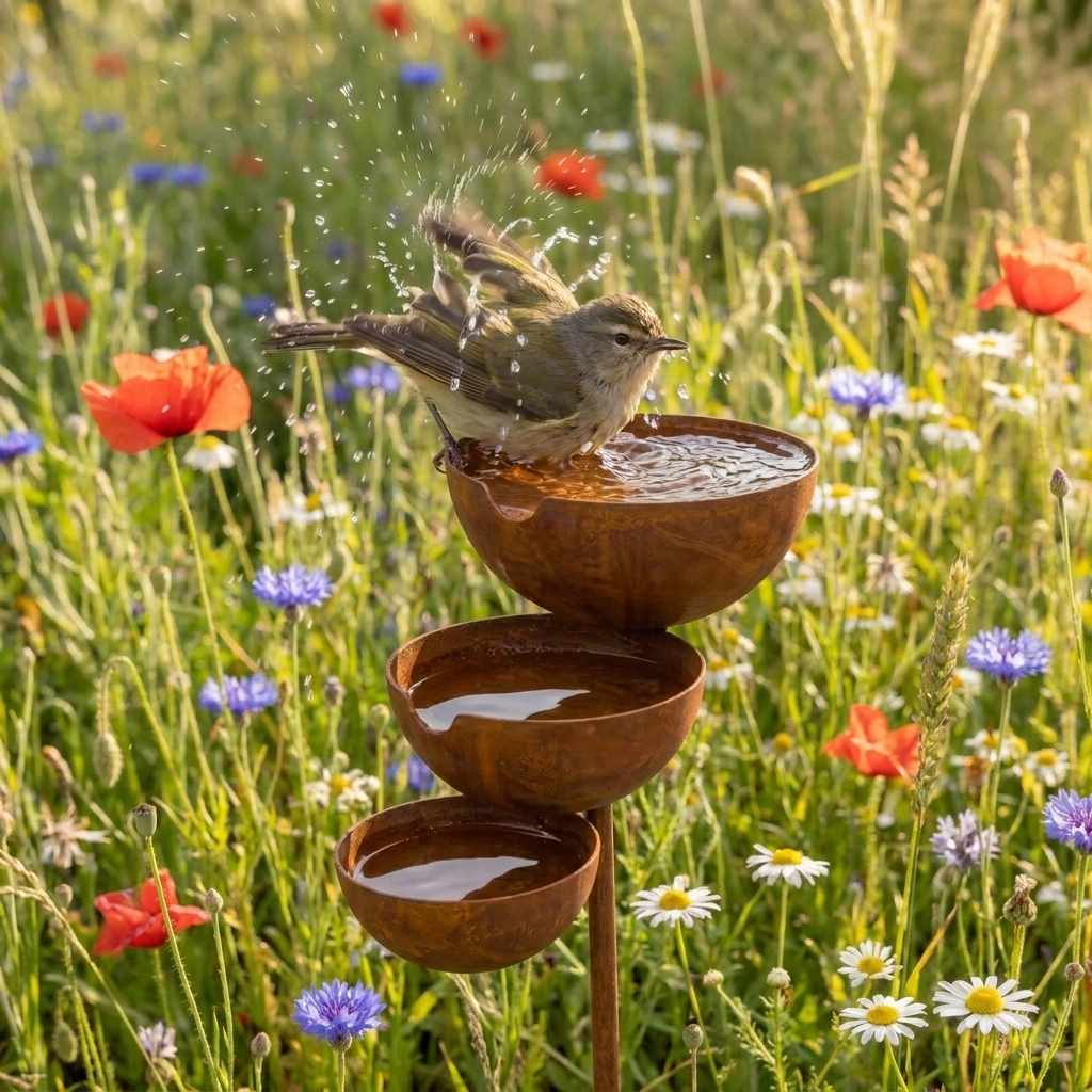 Ein kleiner Vogel badet und schüttelt Wasser aus dem Gefieder, umgeben von Mohn und Kornblumen 2