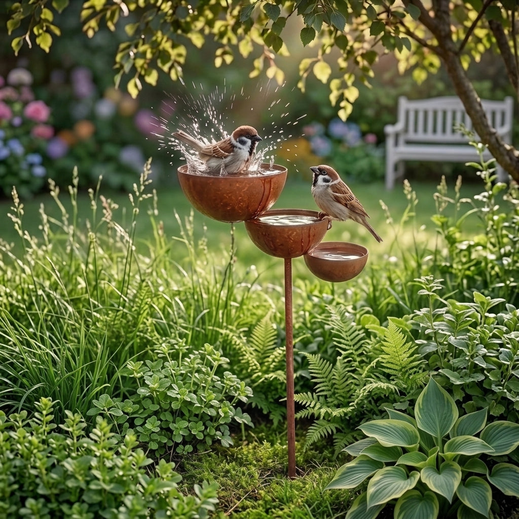 Zwei Spatzen an den Schalen, einer badet spritzend, im Hintergrund eine weiße Gartenbank 3