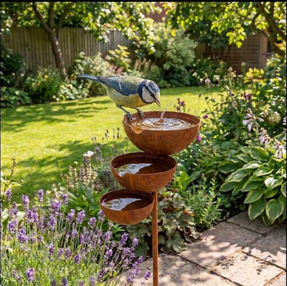 Eine Blaumeise trinkt aus der obersten Schale, davor blüht Lavendel in sonnigem Garten 5