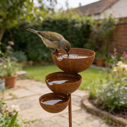 Ein Vogel trinkt aus der obersten Schale, die drei Rostschalen stehen auf einer Terrasse 7