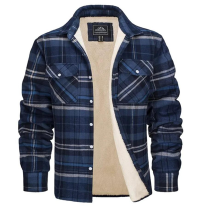 Blau karierte Herrenjacke mit Fleece-Futter, Langarm, Knopfleiste, Wintermode.