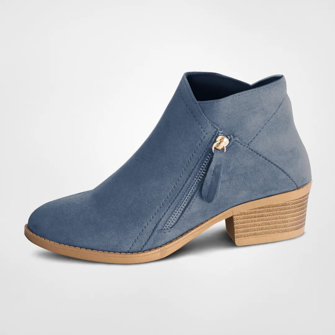 Blaue Damen-Stiefeletten mit Reißverschluss, Wildlederoptik, Blockabsatz, modisch, bequem.